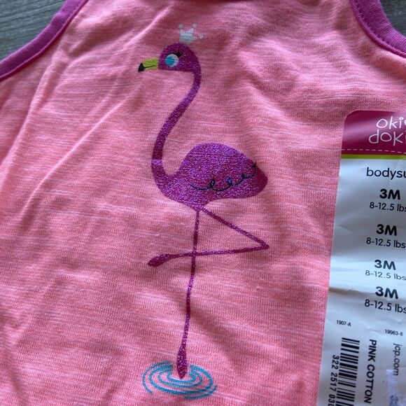 Okie Dokie Girls Bodysuit Sz 3 Mo Pink Orange Glittery Flamingo Knot Back NEW - Picture 3 of 5